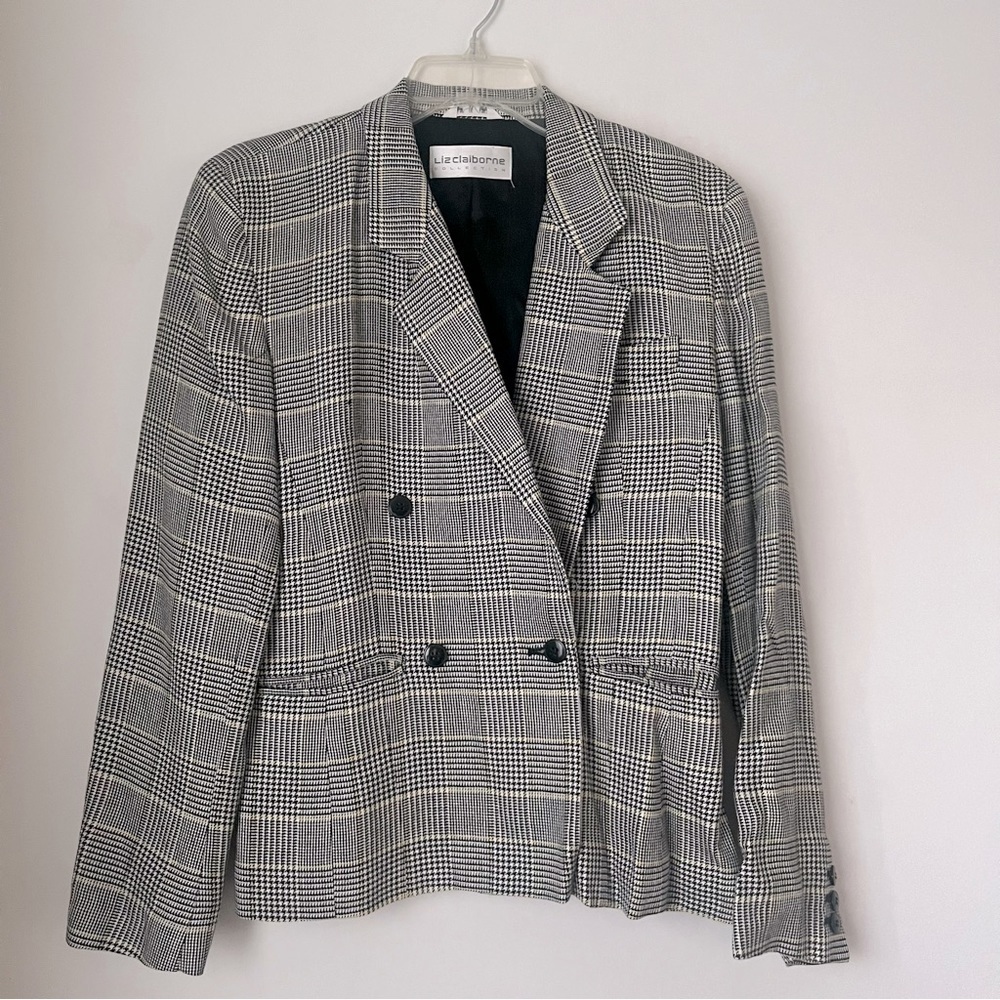 Vintage 90s Liz Claiborne Black White Yellow Houndstooth Plaid Blazer 6 - Picture 1 of 4